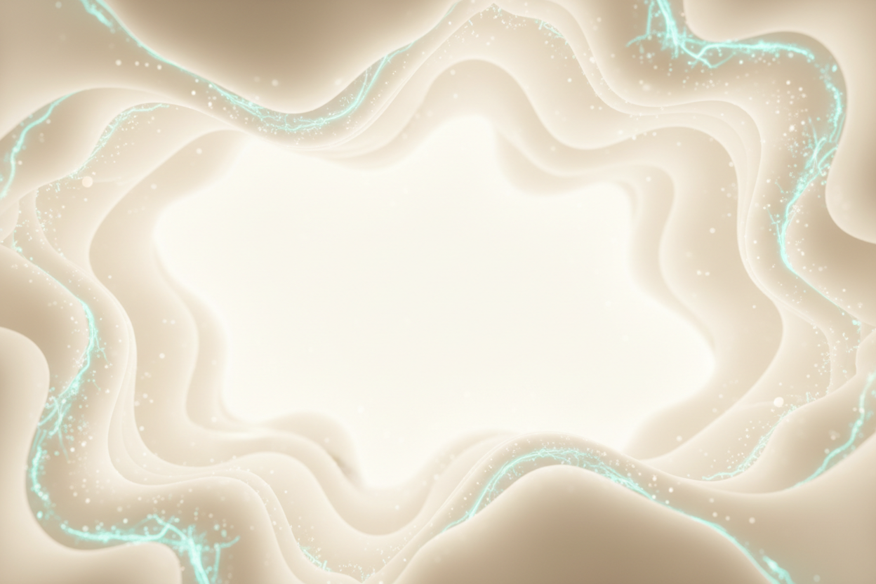 Abstract cellular longevity background for an anti-aging supplement website, smooth flowing organic cellular structures inspired by healthy cells and mitochondria, soft ivory and warm beige base tones, subtle teal energy accents matching #1EC6A8, gentle glow particles, elegant wellness science aesthetic, minimal and premium composition, wide open negative space in the center, ultra clean look, cinematic soft lighting, high resolution, landscape orientation, NO TEXT, NO LETTERS, NO SYMBOLS, NO LOGOS, NO UI E